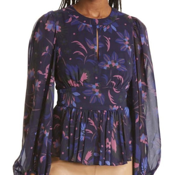 NWT Ted Baker London Stephanie Floral Print Keyhole Detail Blouse in Navy size 1 - Picture 2 of 9